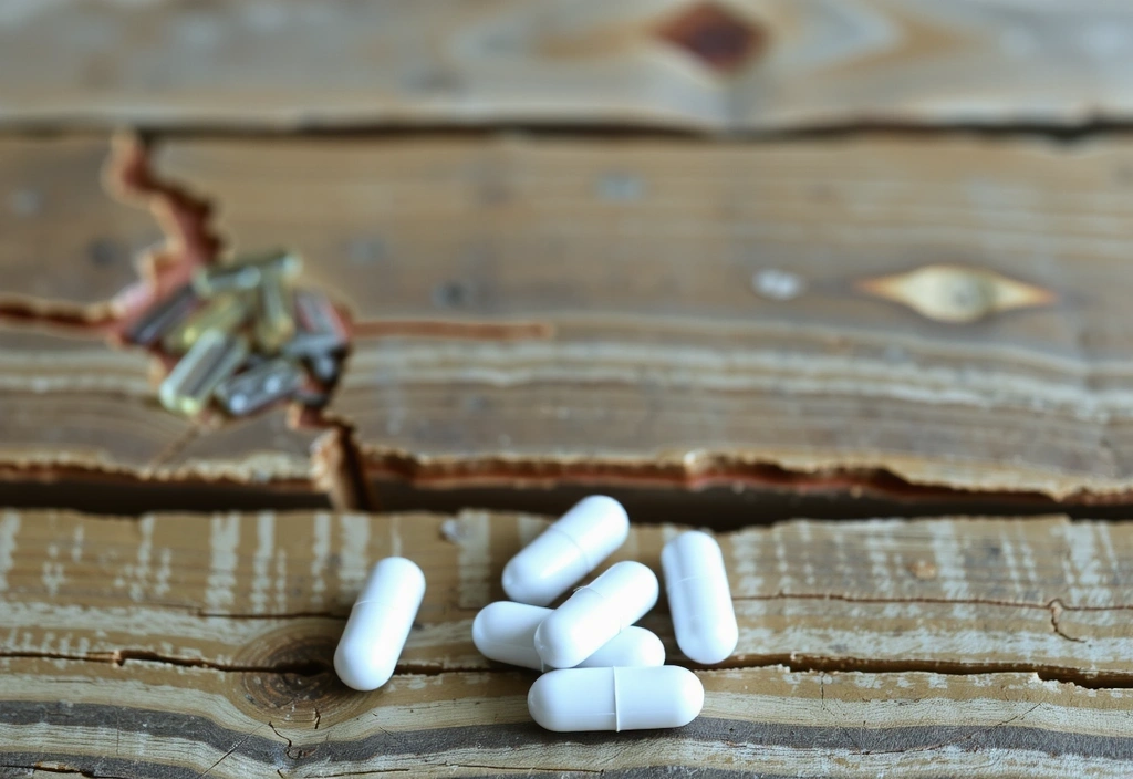 Cápsulas de magnesio sobre una superficie de madera rústica, con un ligero desenfoque en el fondo.