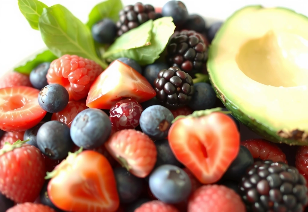 Primer plano de una mezcla vibrante de bayas, espinacas y aguacate, evocando salud y energía.