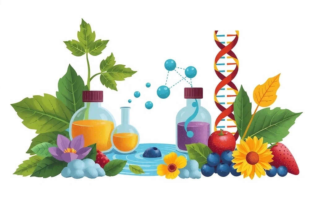 Ilustración de la unión entre naturaleza y ciencia, con elementos orgánicos y símbolos científicos