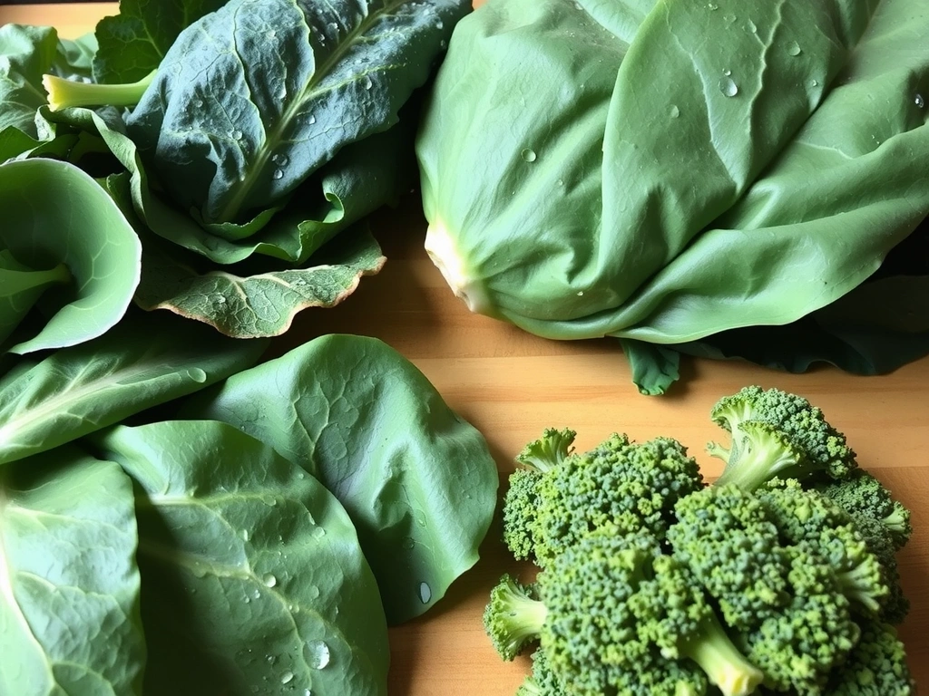 Verduras de hoja verde oscuro, frescas y crujientes, como espinacas, col rizada y brócoli, con gotas de agua, dispuestas sobre una superficie de madera clara.